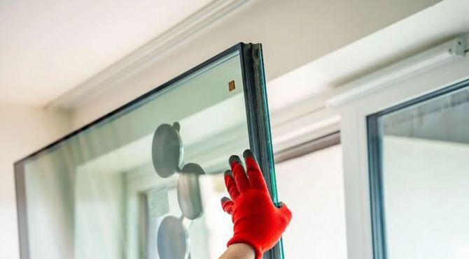 Red-gloved hand cleaning the top edge of a glass shower door