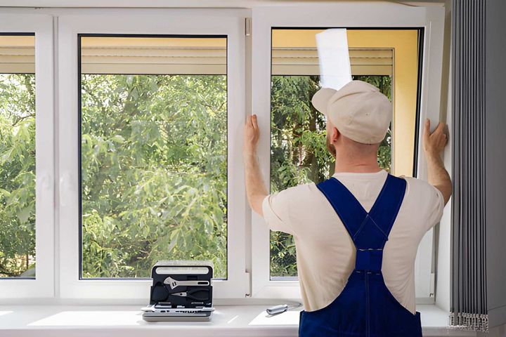 Person in blue overalls adjusting a window blind in a bright room near a toolbox.