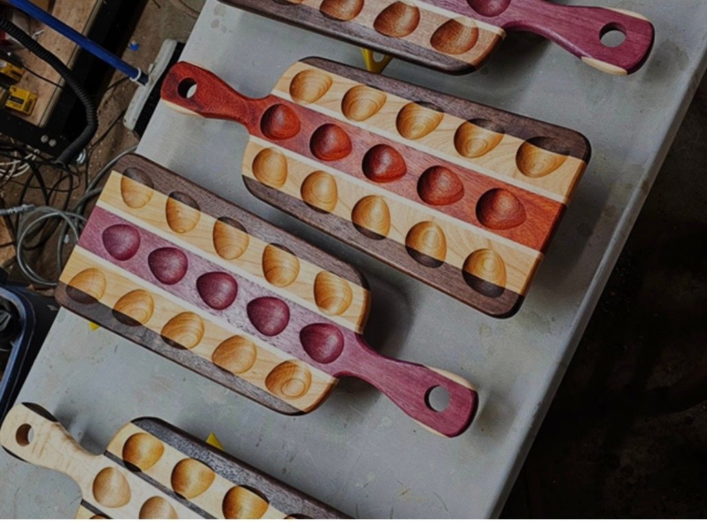 Wood deviled egg serving boards and cheese cutters