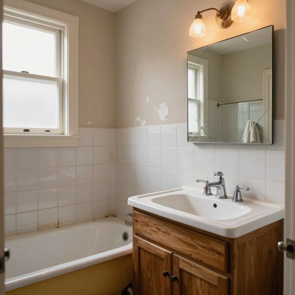 Small bathroom with a bathtub, white sink vanity, mirror, and window, with beige walls and white tile.