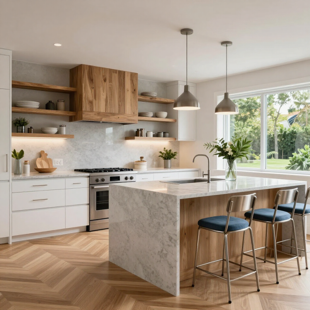 Bright modern kitchen with wood cabinets, marble island, bar stools, and large window overlooking greenery