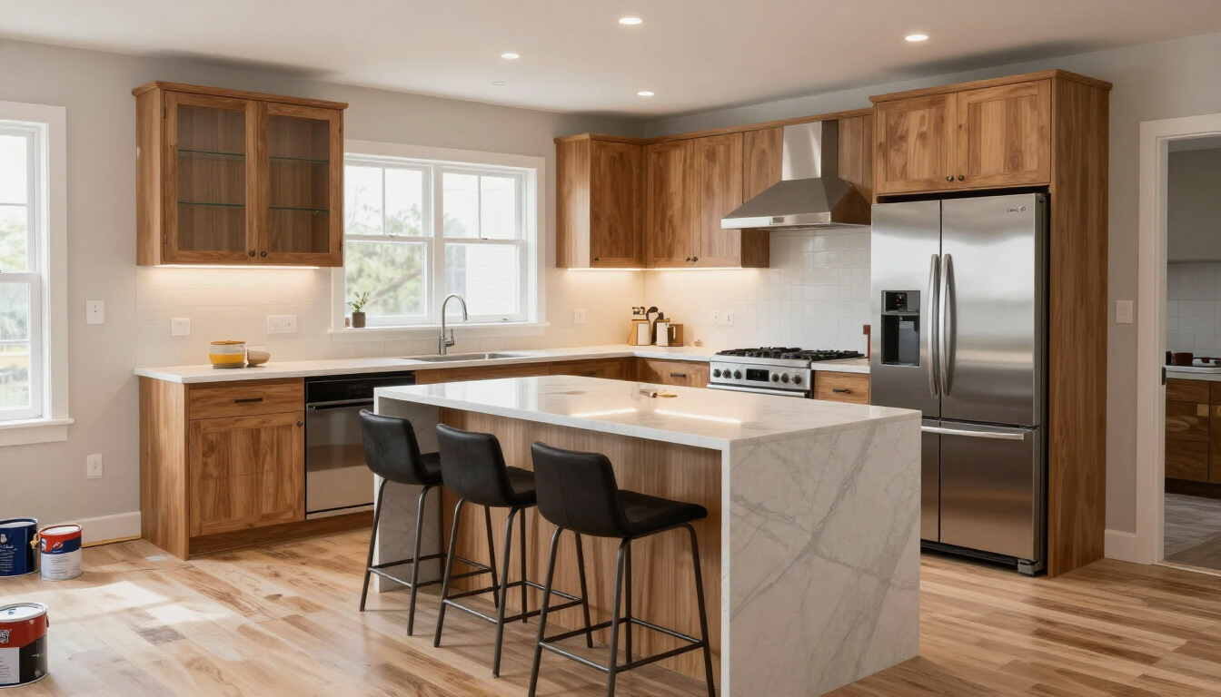 Bright modern kitchen with marble island, black stools, wood cabinets, stainless steel appliances, and hardwood floors