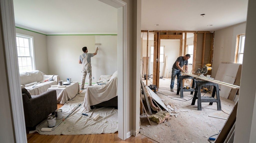 Two rooms under renovation, with workers painting and sawing amid debris and tools.