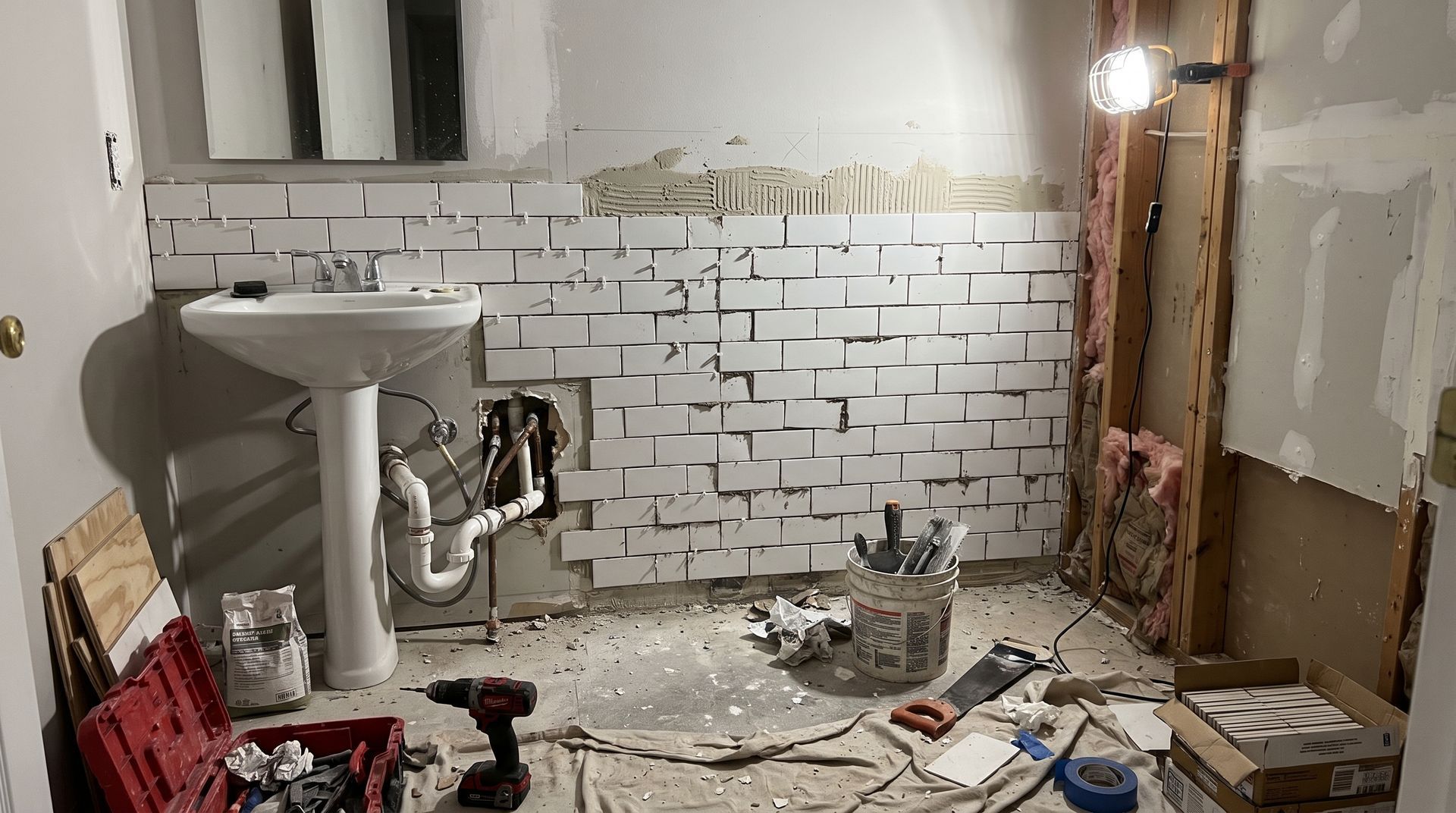 Partially renovated bathroom with white tile backsplash, exposed plumbing, sink, tools, and construction debris.
