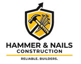 Hammer & Nails Construction logo with black-and-yellow shield, hammer and nails, and “Reliable. Builders.” tagline