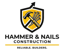 Hammer & Nails Construction logo with black-and-yellow shield, hammer and nails, and “Reliable. Builders.” tagline