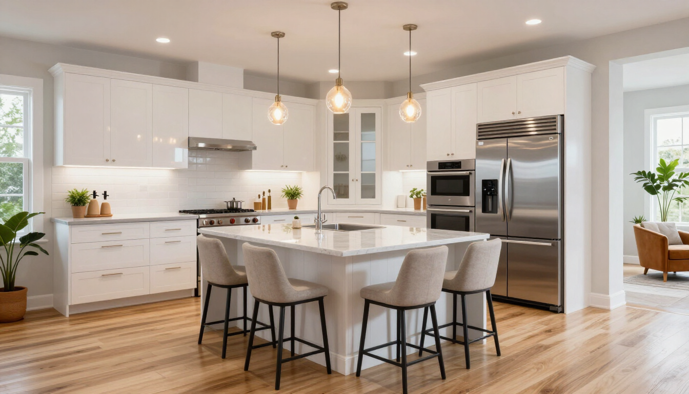 Bright modern white kitchen with island, stainless steel appliances, and hardwood floors