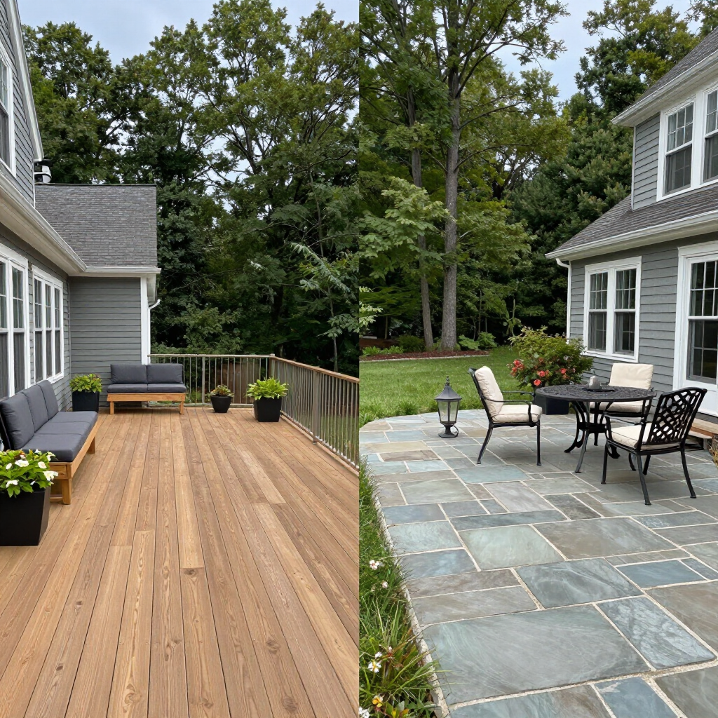 Backyard patio with wood deck, stone seating area, chairs, potted plants, and trees beyond