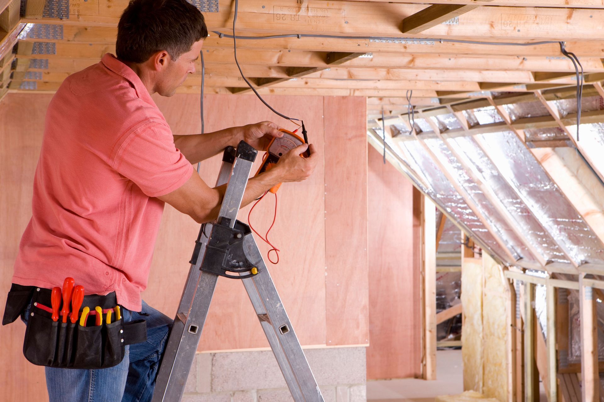 Man installing wiring in an attic, standing on a ladder with tools in a pink shirt