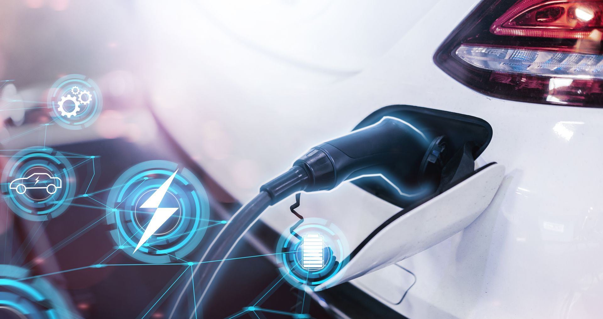 Electric car charging plug connected to a white vehicle with glowing blue tech icons.