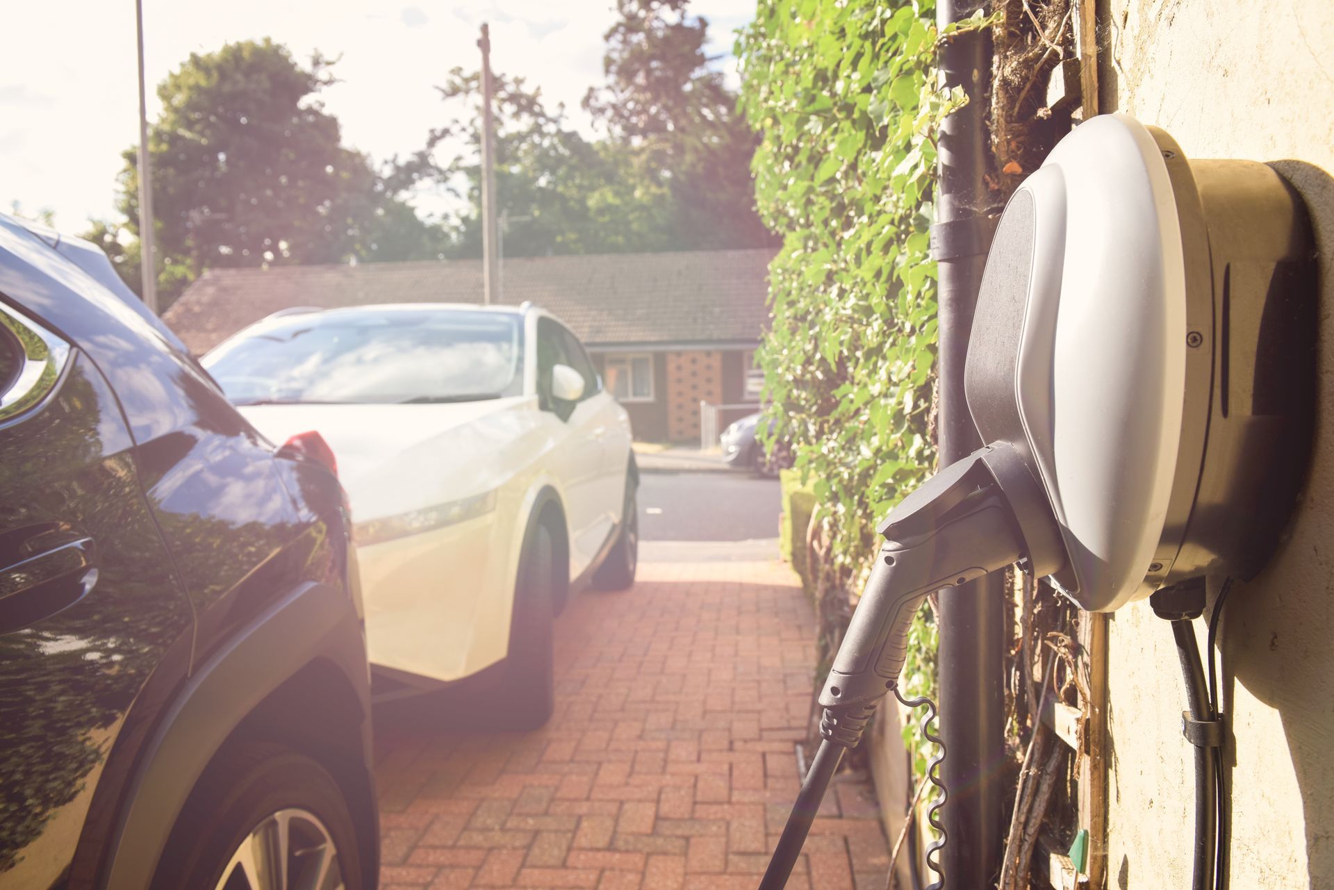 EV charging cable on fence beside parked cars in a sunny driveway