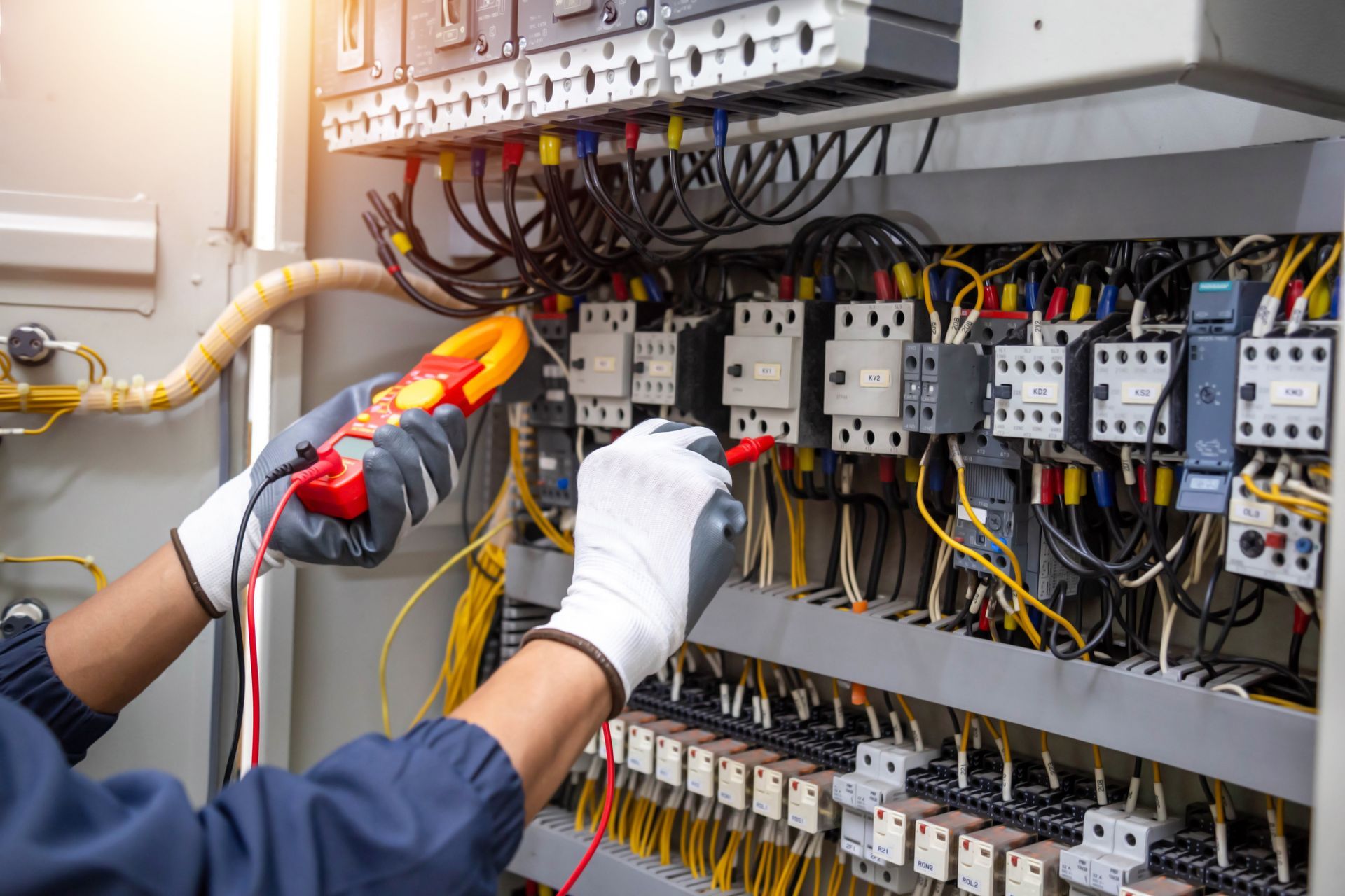 Technician testing electrical control panel wiring with a multimeter and insulated tools