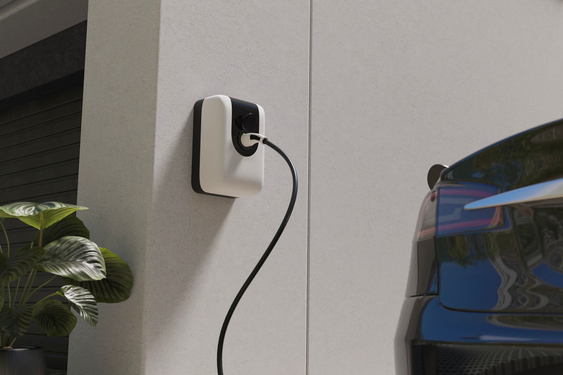 Electric car charging at a wall-mounted station beside a building.