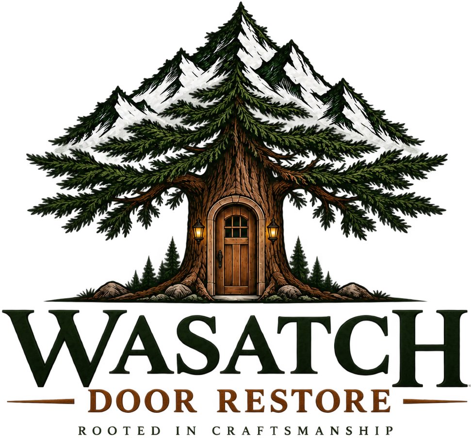 Wasatch Door Restore logo with mountain and tree shaped like a door, black-and-white