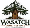 Wasatch Door Restore logo with mountain and tree shaped like a door, black-and-white