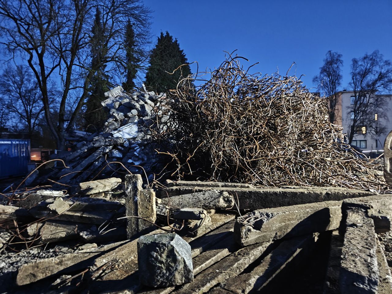 Houten terras met een omgevallen boom in een besneeuwde tuin bij schemering, blauwe lucht en kale bomen op de achtergrond.