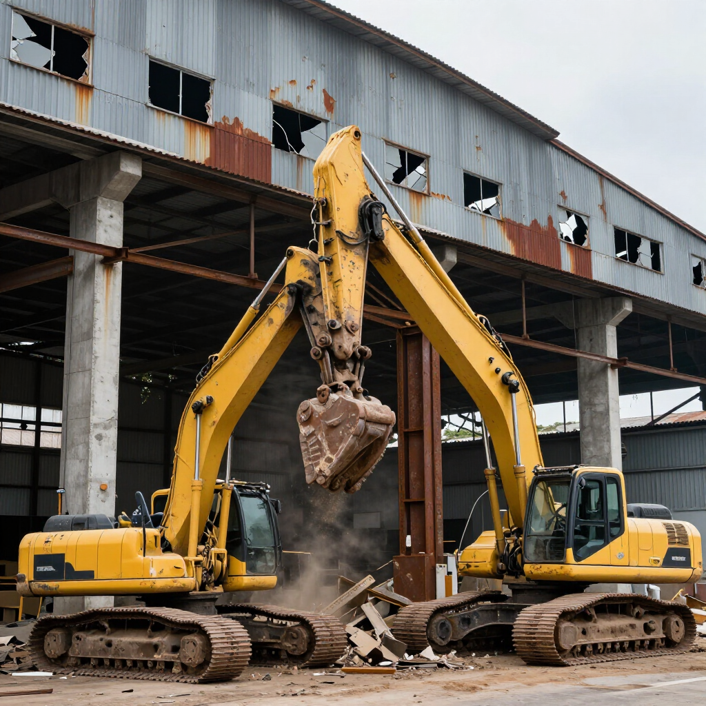 Twee gele graafmachines slopen een betonnen gebouw en tillen het puin op te midden van een stofwolk.