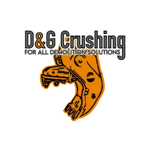Het logo van D&G Crushing met een oranje graafmachineklauw en de slogan "Voor alle sloopoplossingen".