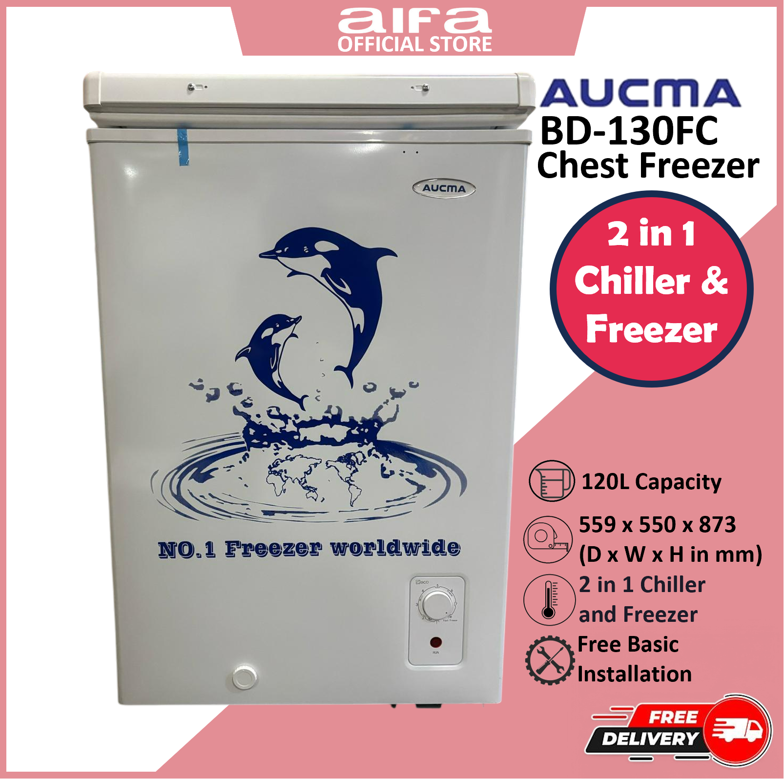 Aucma BD-130FC Chest Freezer, Top Opening Door, 120L Capacity, 2 in 1 Chiller / Freezer