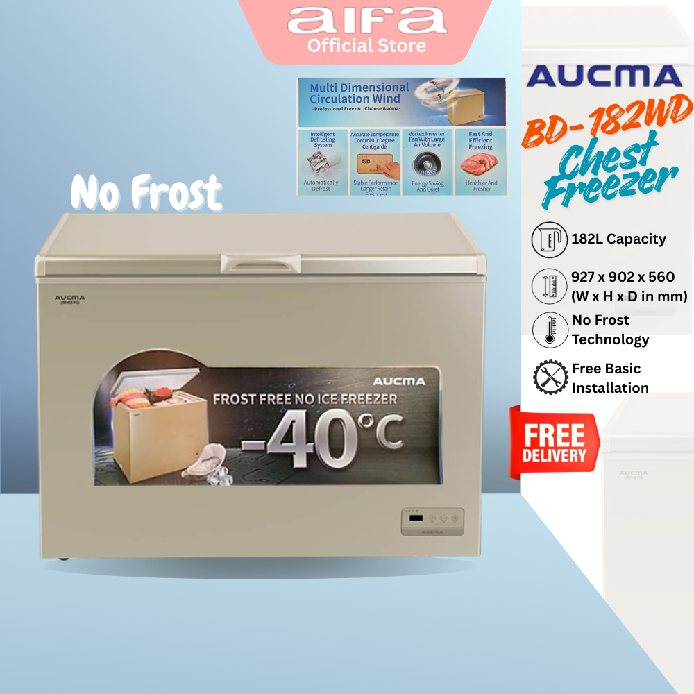 Aucma Commercial Chest Freezer, No Frost, 182L Capacity, Top Opening Door - BD-182WD
