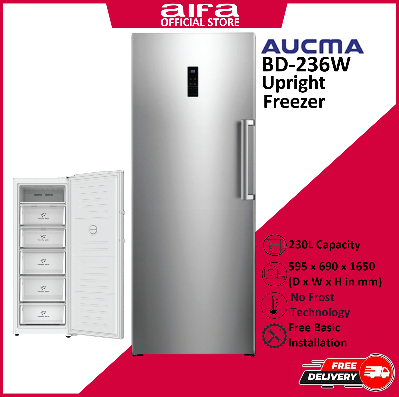 Aucma Upright Standing Freezer, Spacious drawers, 230L Capacity - BD-236W