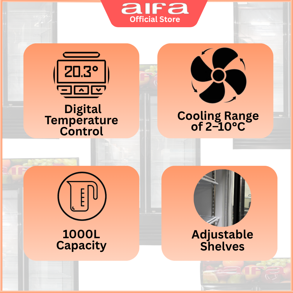 Aifa SC-A1100 Standing Chiller, 1000L Capacity, Glass doors for clear visibility, Adjustable Shelves