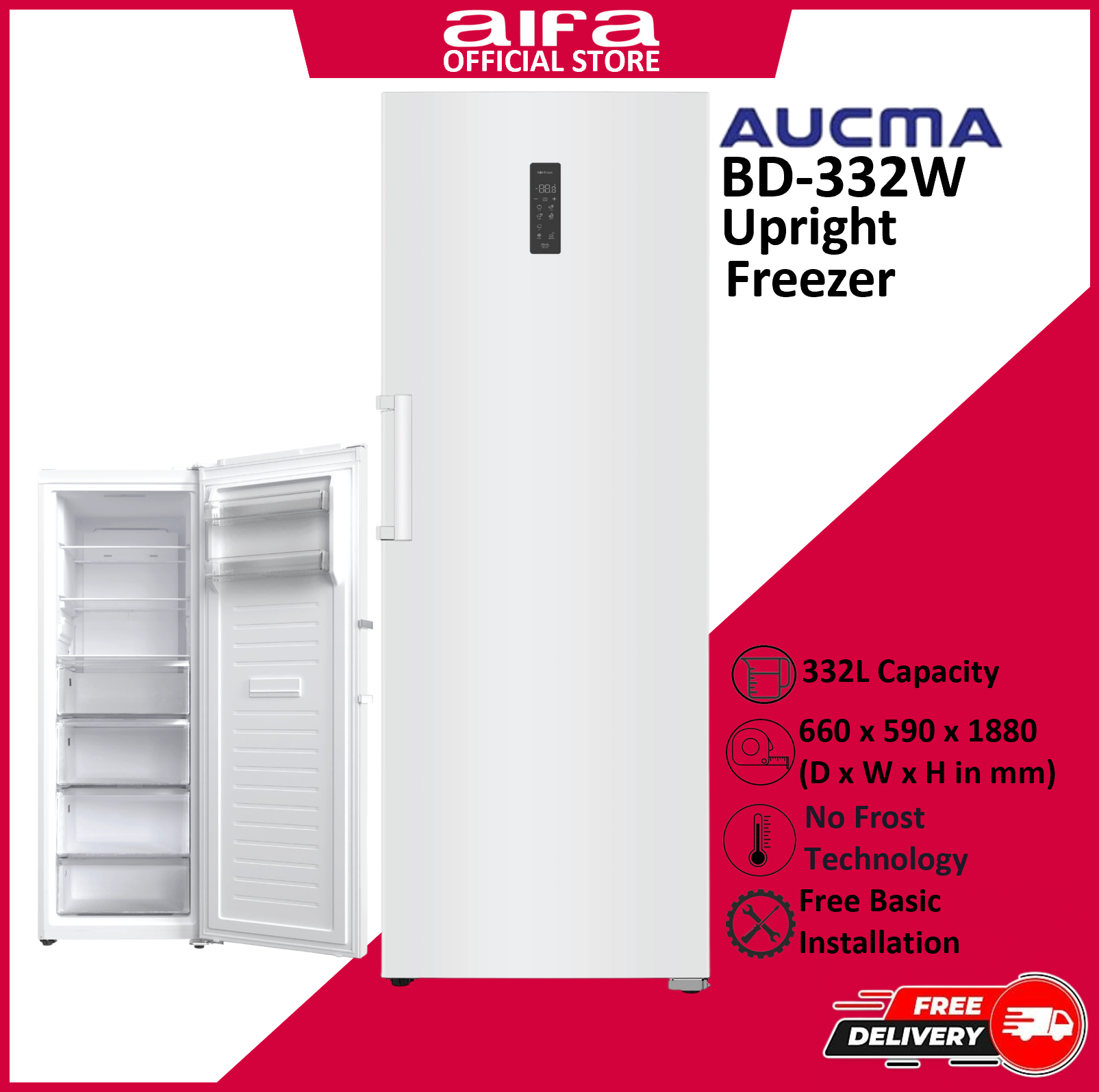 Aucma Upright Standing Freezer, Spacious drawers, 332L Capacity - BD-332W