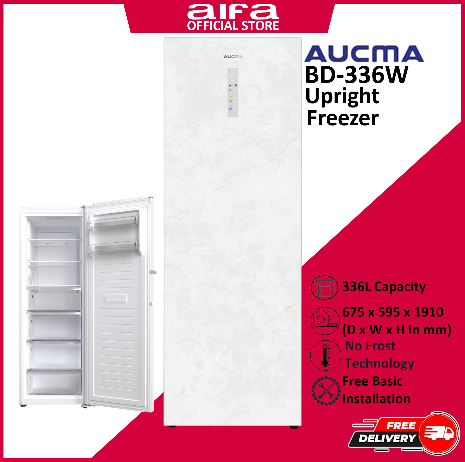 Aucma Upright Standing Freezer, Spacious drawers, 336L Capacity - BD-336W