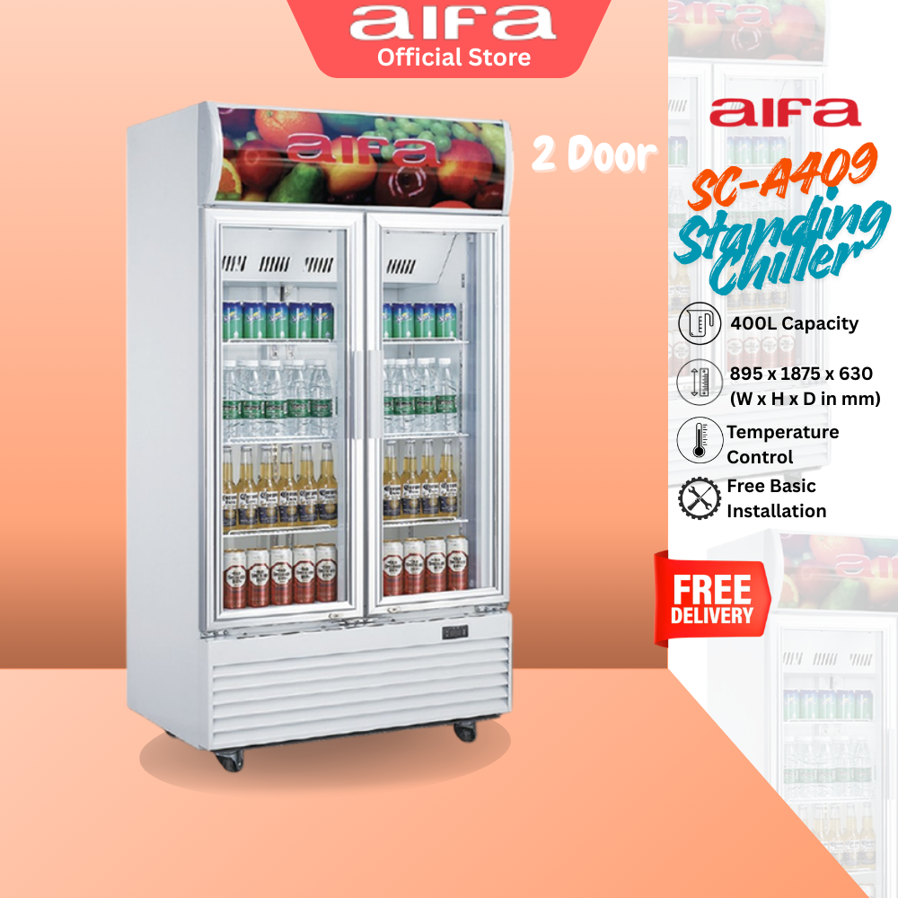 Aifa SC-A409 2 Door Standing Chiller, Adjustable Shelving, 400L Capacity, Lightings, Glass Door