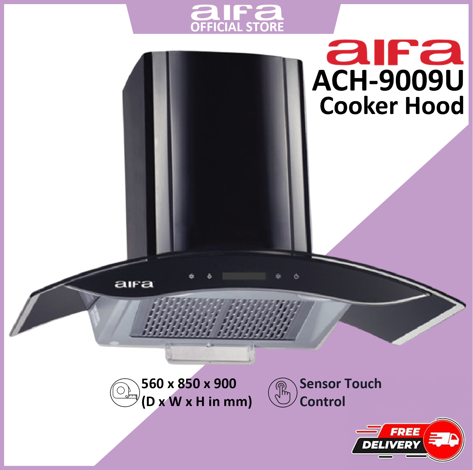Aifa ACH-9009U Curved Chimney Cooker Hood(Black), 90cm, Sensor Touch, Suction 700m³/hr, Fan Speed Control