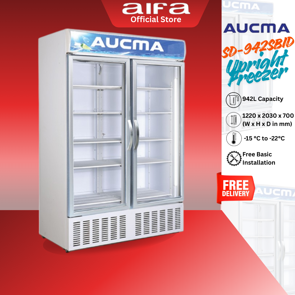 Aucma SD-942SBID Upright No Frost Ventilated Display Freezer, -15°C to -22°C, 942L capacity
