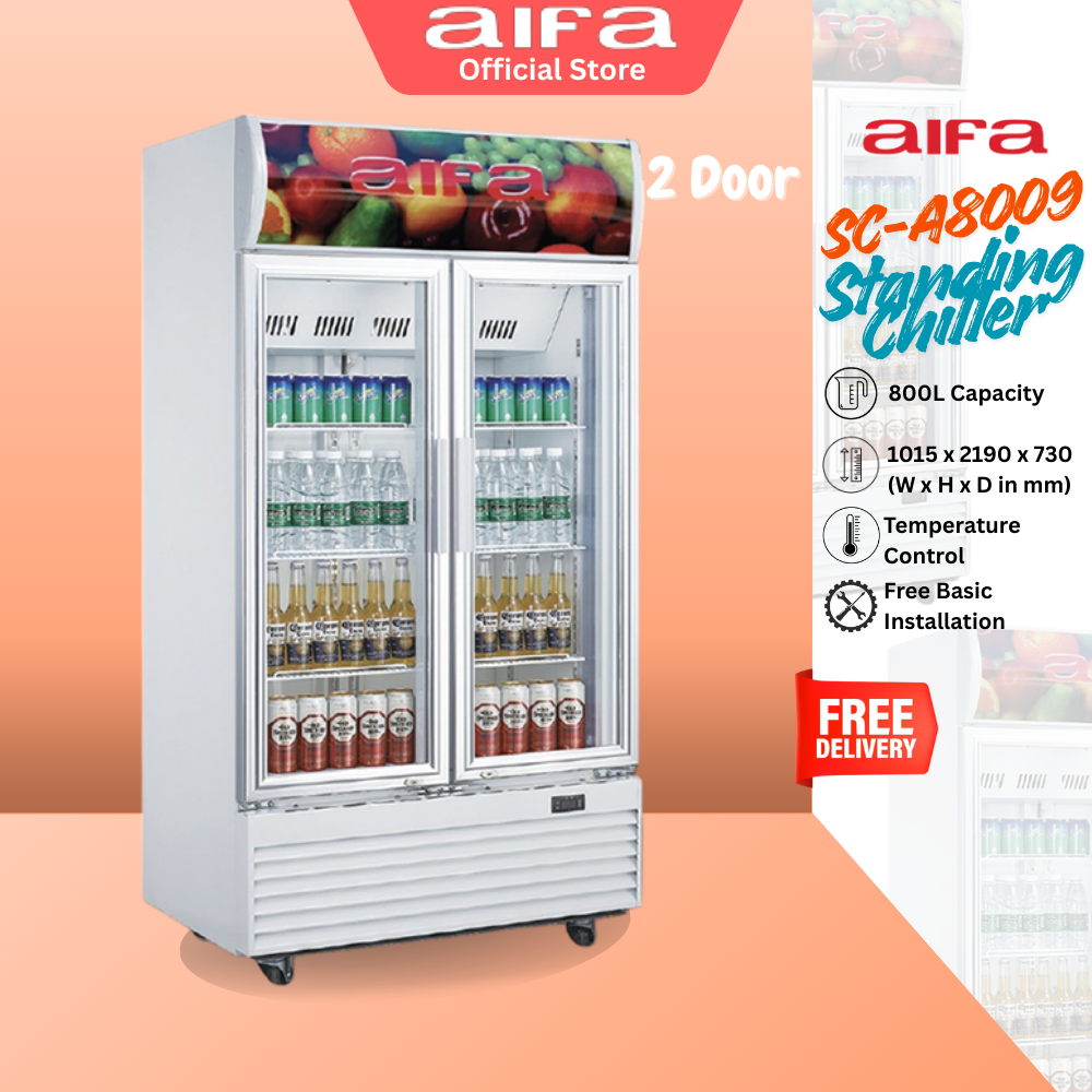 Aifa SC-A8009 Glass Door Standing Chiller, 800L Capacity, Glass doors for clear visibility