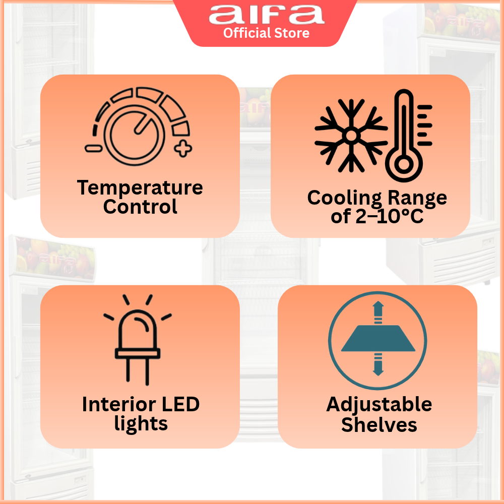 Aifa SC-A187 Standing Chiller, 232L Capacity, Glass doors for clear visibility, Adjustable Shelves