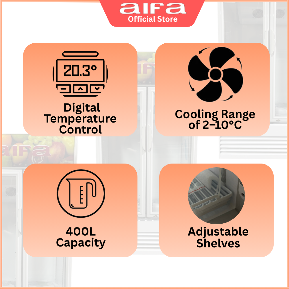 Aifa SC-A409 2 Door Standing Chiller, Adjustable Shelving, 400L Capacity, Lightings, Glass Door