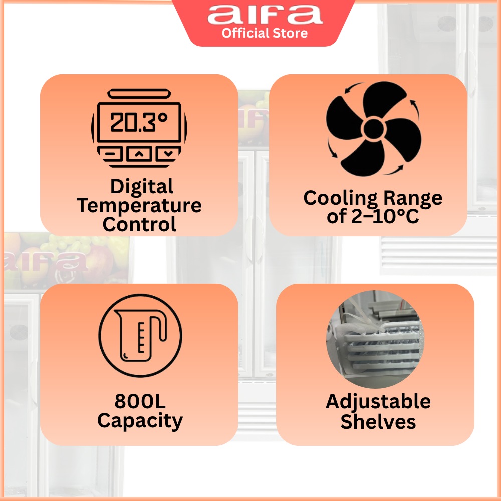 Aifa SC-A8009 Glass Door Standing Chiller, 800L Capacity, Glass doors for clear visibility