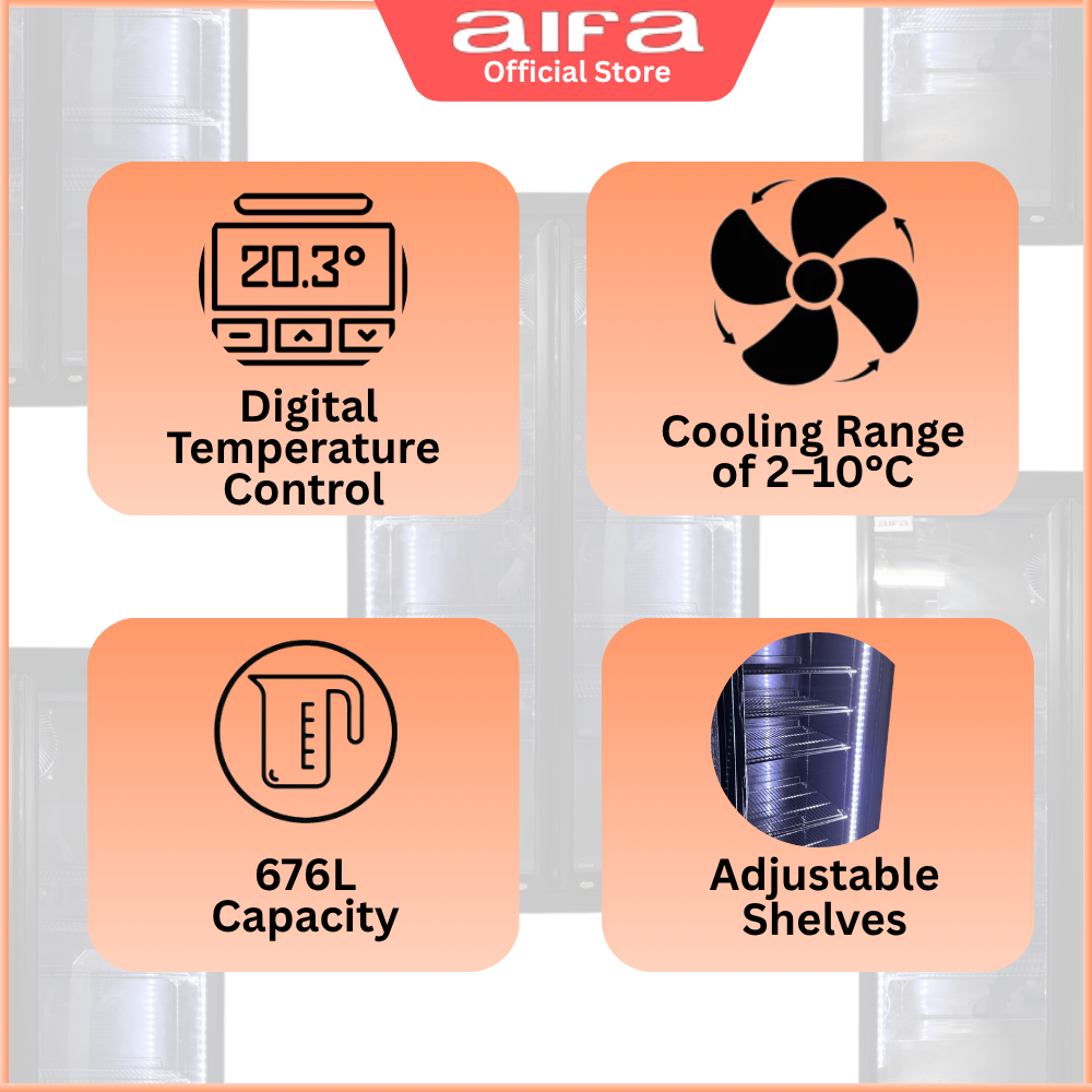 AIFA SC-P805BK 2 Door Standing Chiller, Adjustable Shelving, 676L Capacity, Lightings, Glass Door