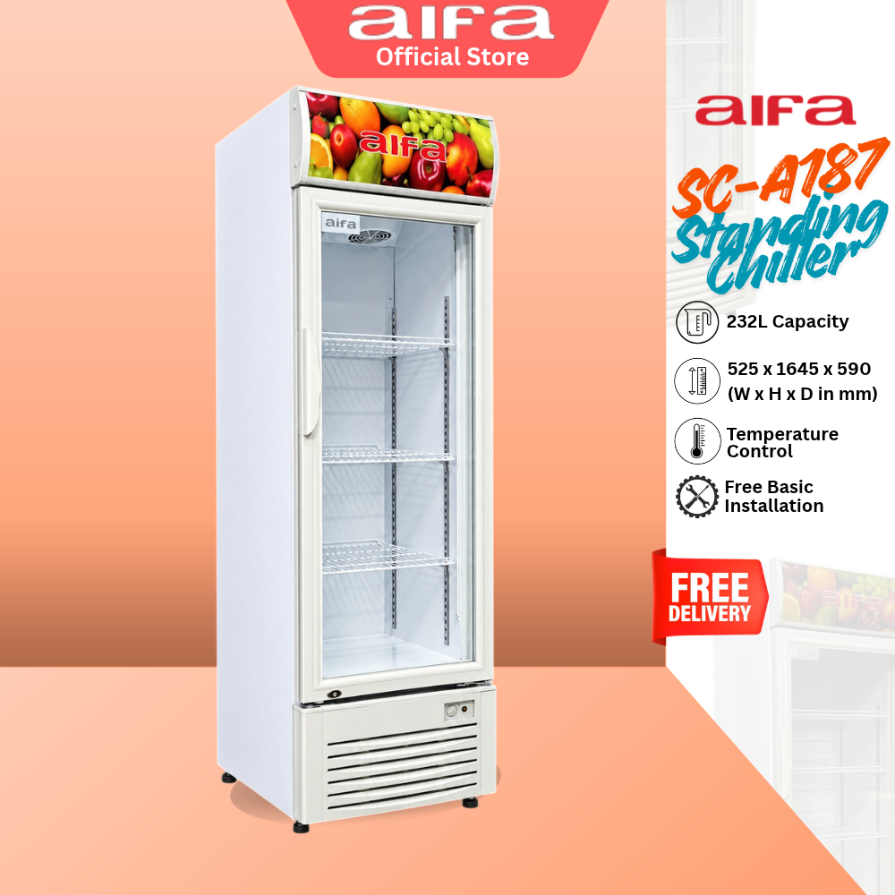 Aifa SC-A187 Standing Chiller, 232L Capacity, Glass doors for clear visibility, Adjustable Shelves