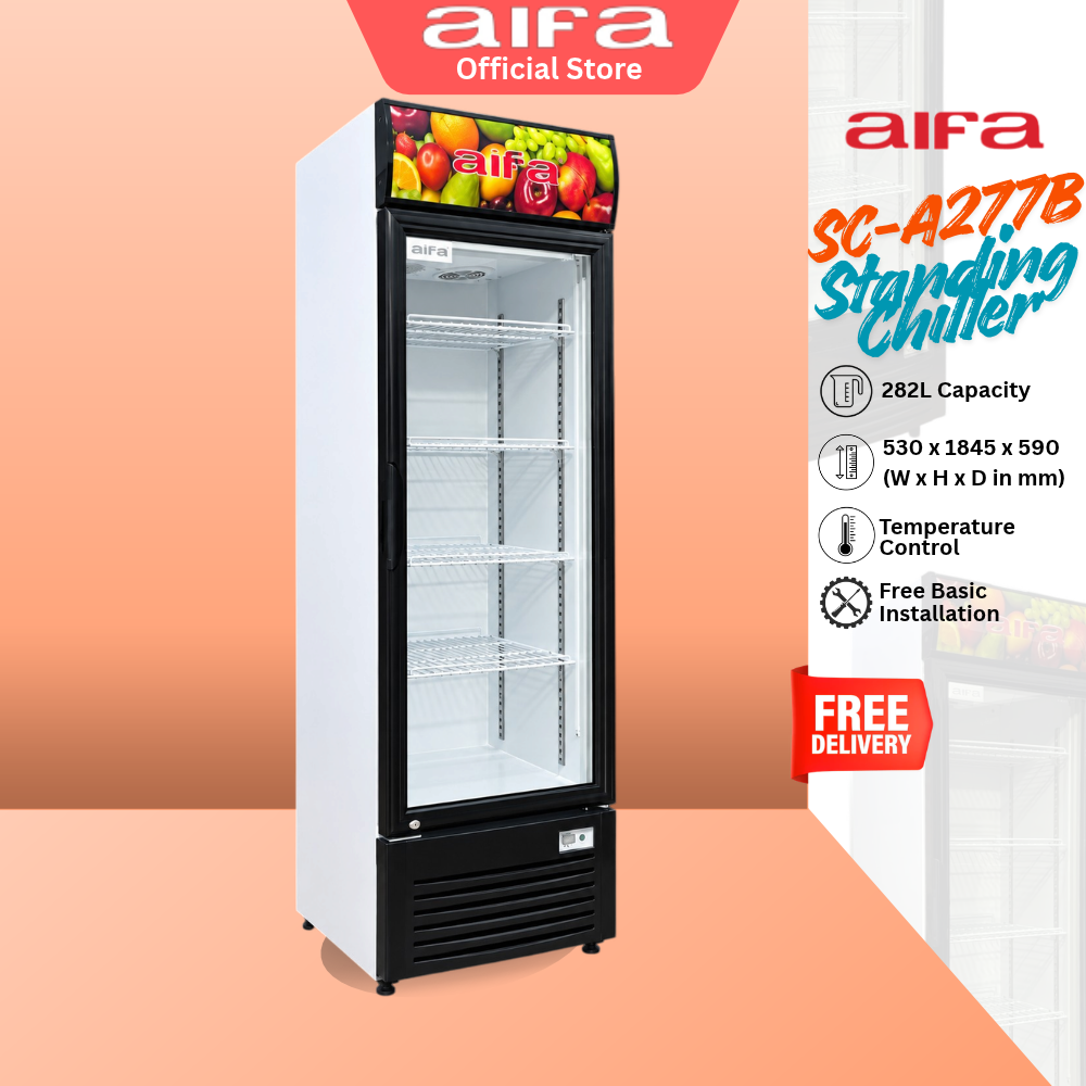 AIFA SC-A277B Standing Chiller, 282L Capacity, Glass doors for clear visibility, Adjustable Shelves