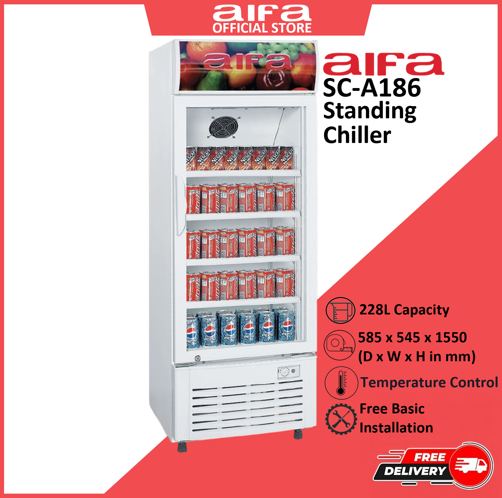 Aifa Chiller Showcase, 228L, Temperature Control Settings & Key Door Lock & Lighting- SC-A186