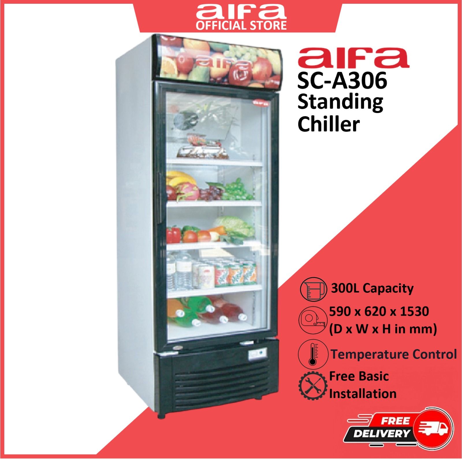 Aifa Standing Chiller, Drinks Display Showcase(4 Trays), 300L Capacity - SC-A306