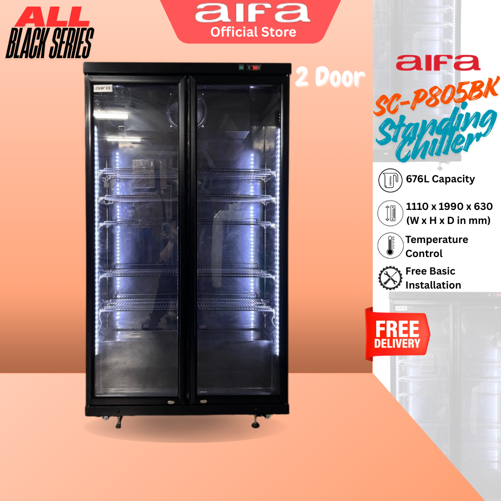 AIFA SC-P805BK 2 Door Standing Chiller, Adjustable Shelving, 676L Capacity, Lightings, Glass Door