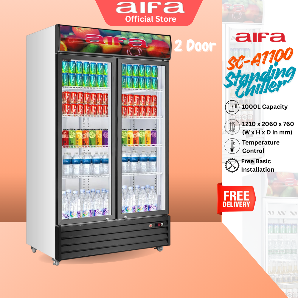 Aifa SC-A1100 Standing Chiller, 1000L Capacity, Glass doors for clear visibility, Adjustable Shelves