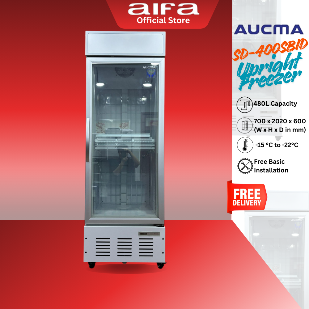 Aucma SD-400SBID Display Freezer, 480L capacity, Clear glass display, Adjustable shelves
