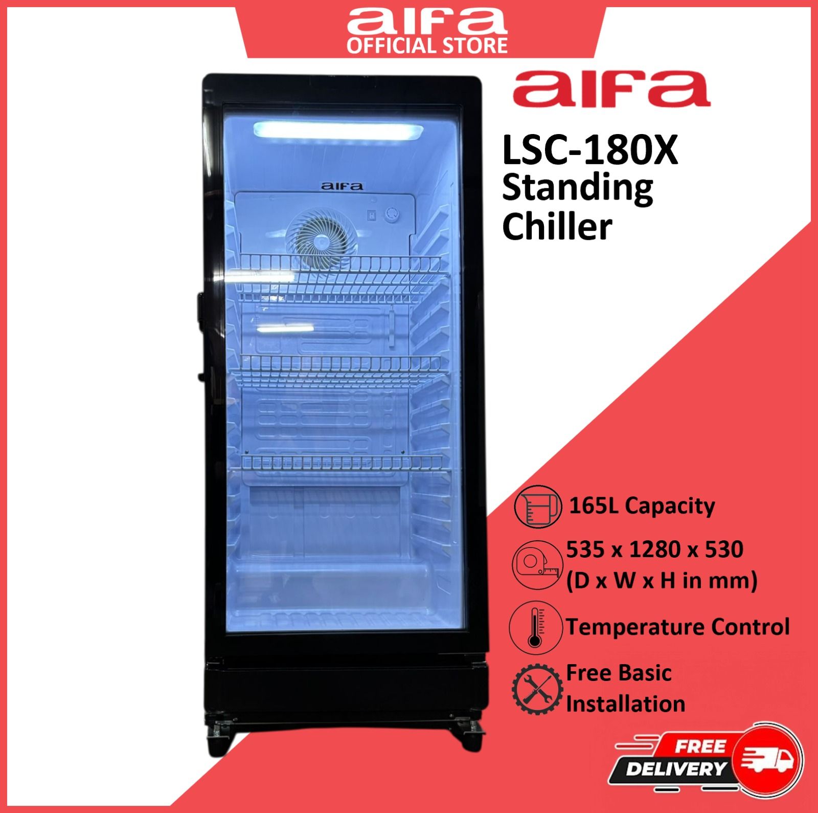 AIFA Standing Chiller, Adjustable Shelving, 165L Capacity, Lightings, Glass Door - LSC-180X