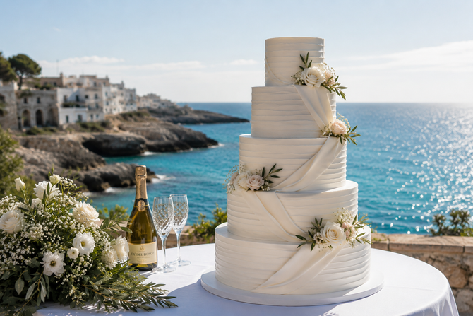 Torta nuziale bianca a più piani su un tavolo in riva al mare, con fiori e champagne, con vista sull'oceano.