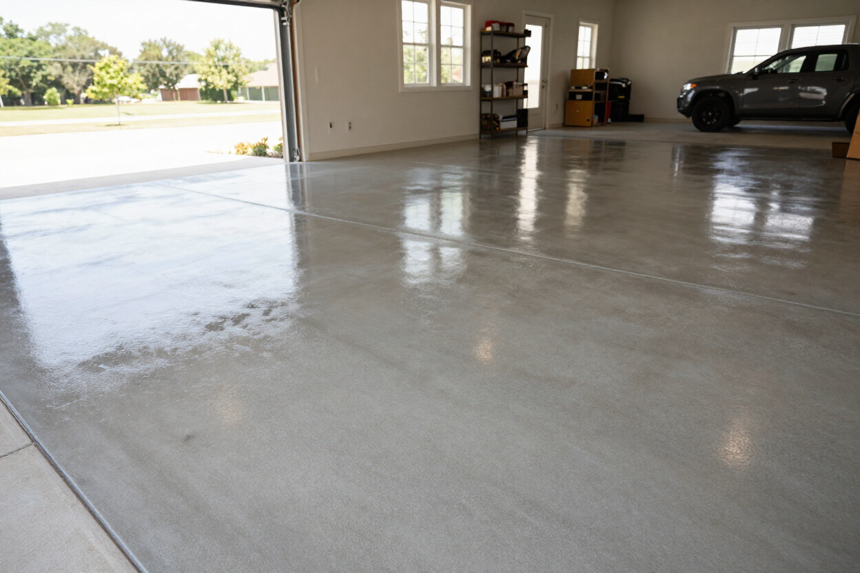 Completed glossy epoxy garage floor in East Texas residential home
