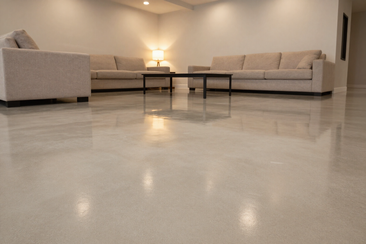 Interior concrete floor with solid color epoxy coating in East Texas living space