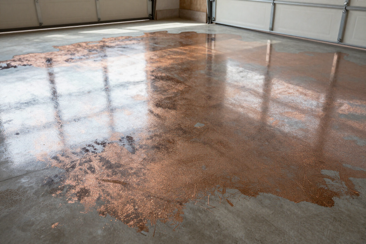 Decorative flake-broadcast epoxy concrete coating installed in a residential garage by Precision Surface Solutions.
