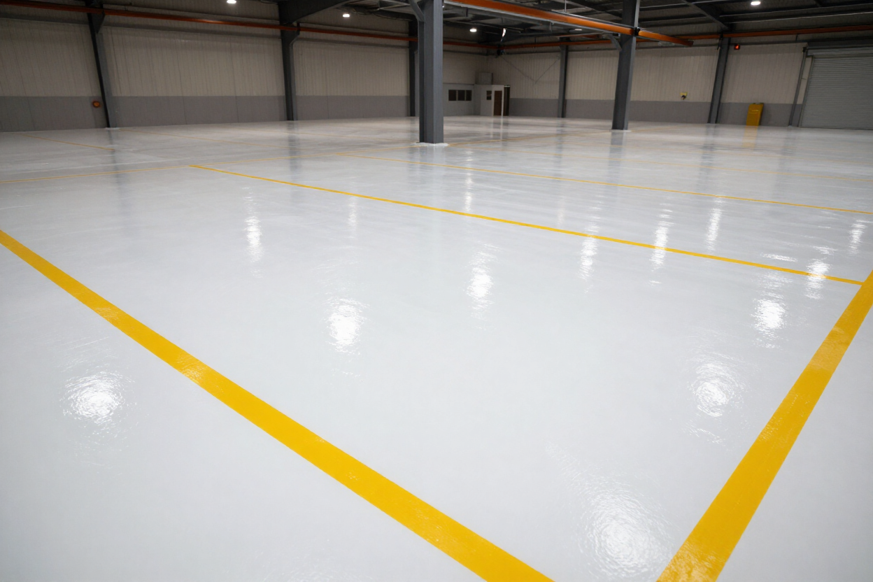 Commercial warehouse floor with smooth epoxy concrete coating applied by Precision Surface Solutions in East Texas.