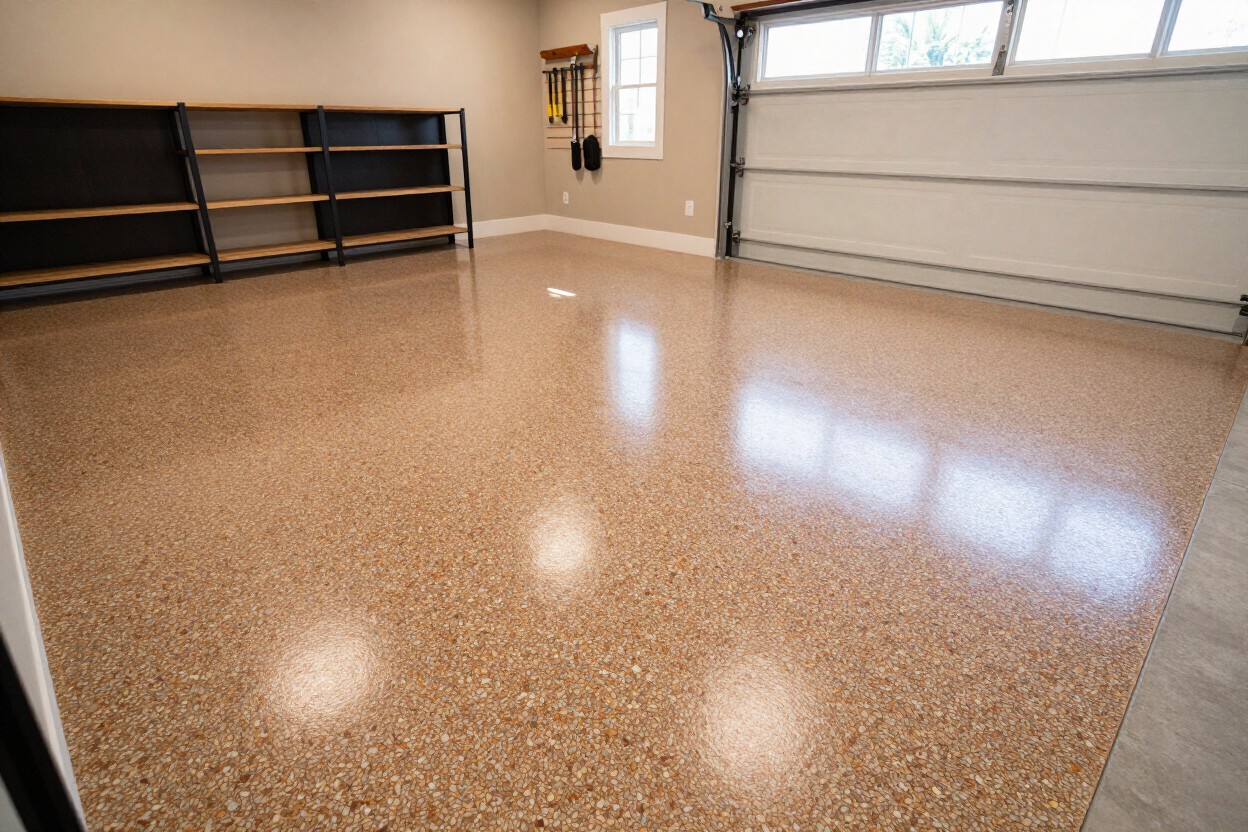 Completed decorative flake epoxy garage floor in an East Texas home by Precision Surface Solutions.